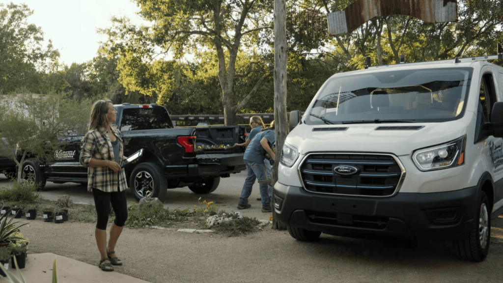 2025 Ford E-Transit van parked at a local business, helping with efficient and eco-friendly deliveries near Euclid, OH.