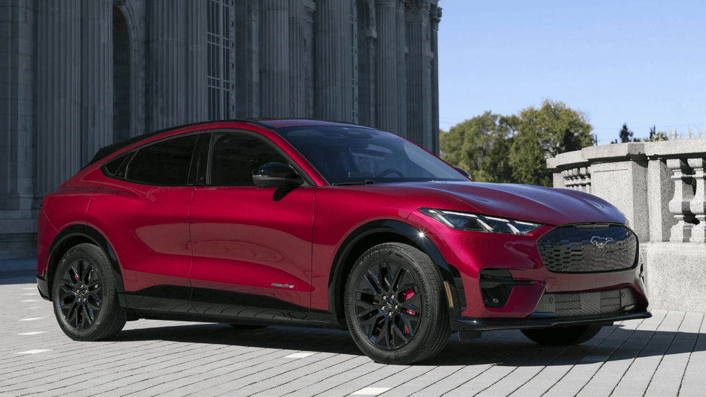 Interior of the 2025 Ford Mustang Mach-E with a large touchscreen, highlighting advanced tech features near Euclid, OH.
