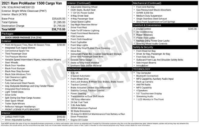 2021 RAM ProMaster 1500 Low Roof