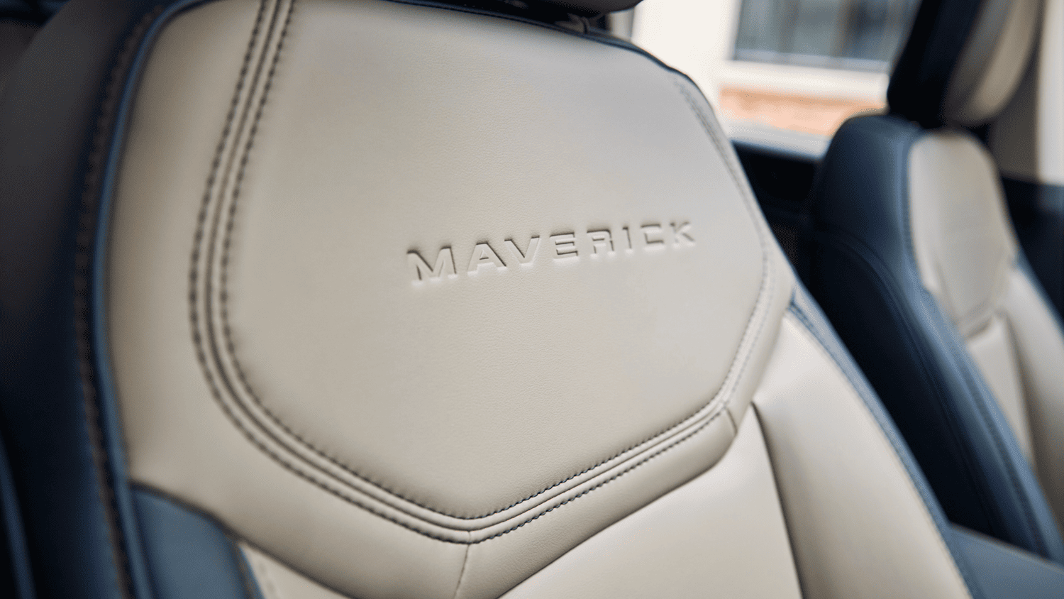 Embossed “Maverick” stitching on premium seat leather of the 2025 Ford Maverick® interior in Euclid, OH.
