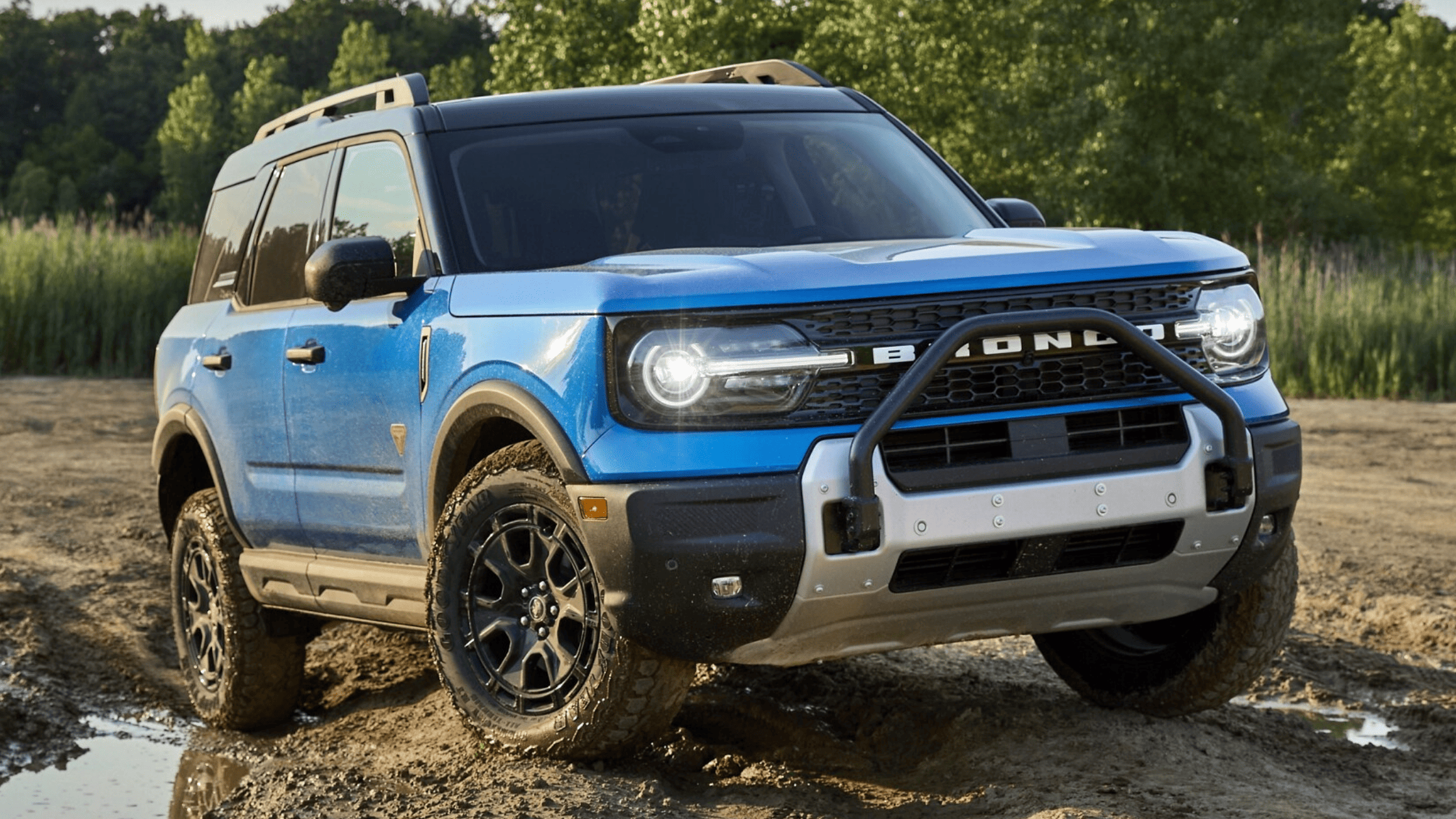2025 Ford Bronco Sport parked off-road in Cleveland, OH, showcasing its rugged design and adventurous spirit.