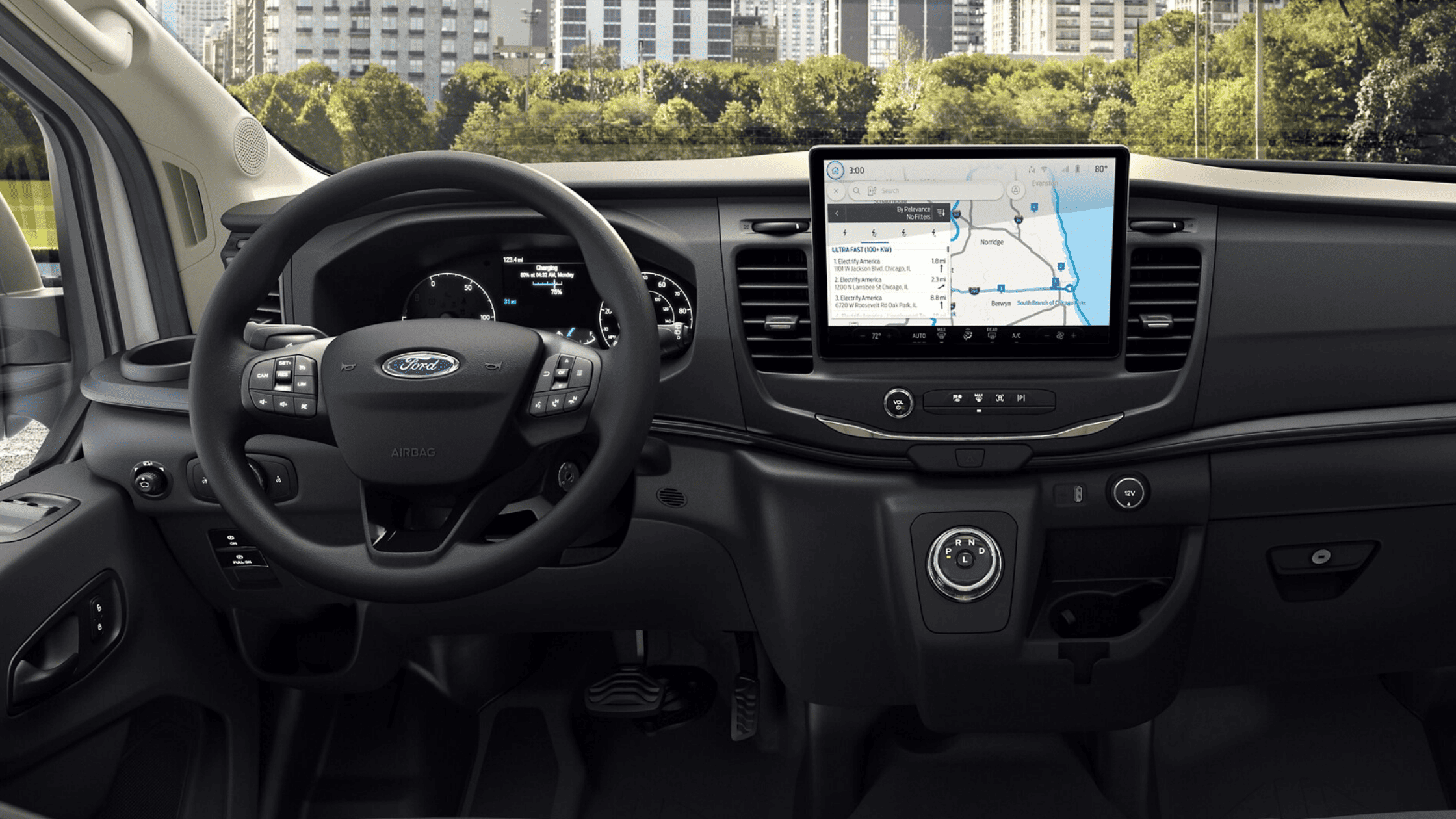 Interior view of 2025 Ford E-Transit dashboard with navigation in Cleveland, OH