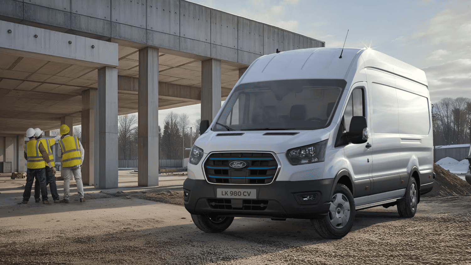 2025 Ford E-Transit™ parked at a construction site near Euclid, OH, showcasing its reliability and cargo space for businesses.