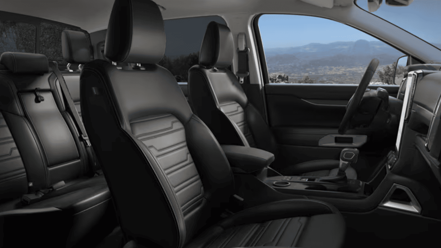 Interior view of the 2025 Ford Ranger® near Euclid, OH with premium black leather seats and spacious cabin design.